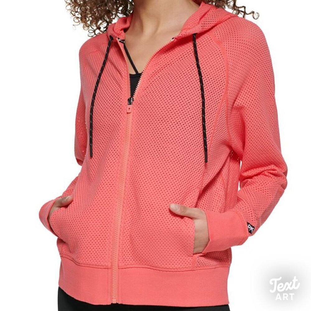 DKNY Sprint Mesh Relaxed Full Zip Hoodie Xtra Small in Aprikot